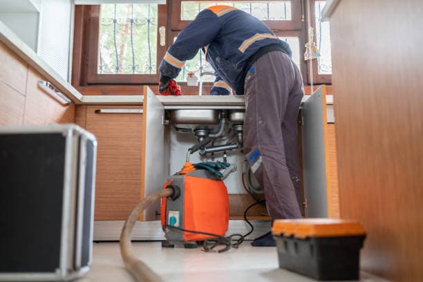 Plumber using drain snake to clear a clogged kitchen drain in Toronto