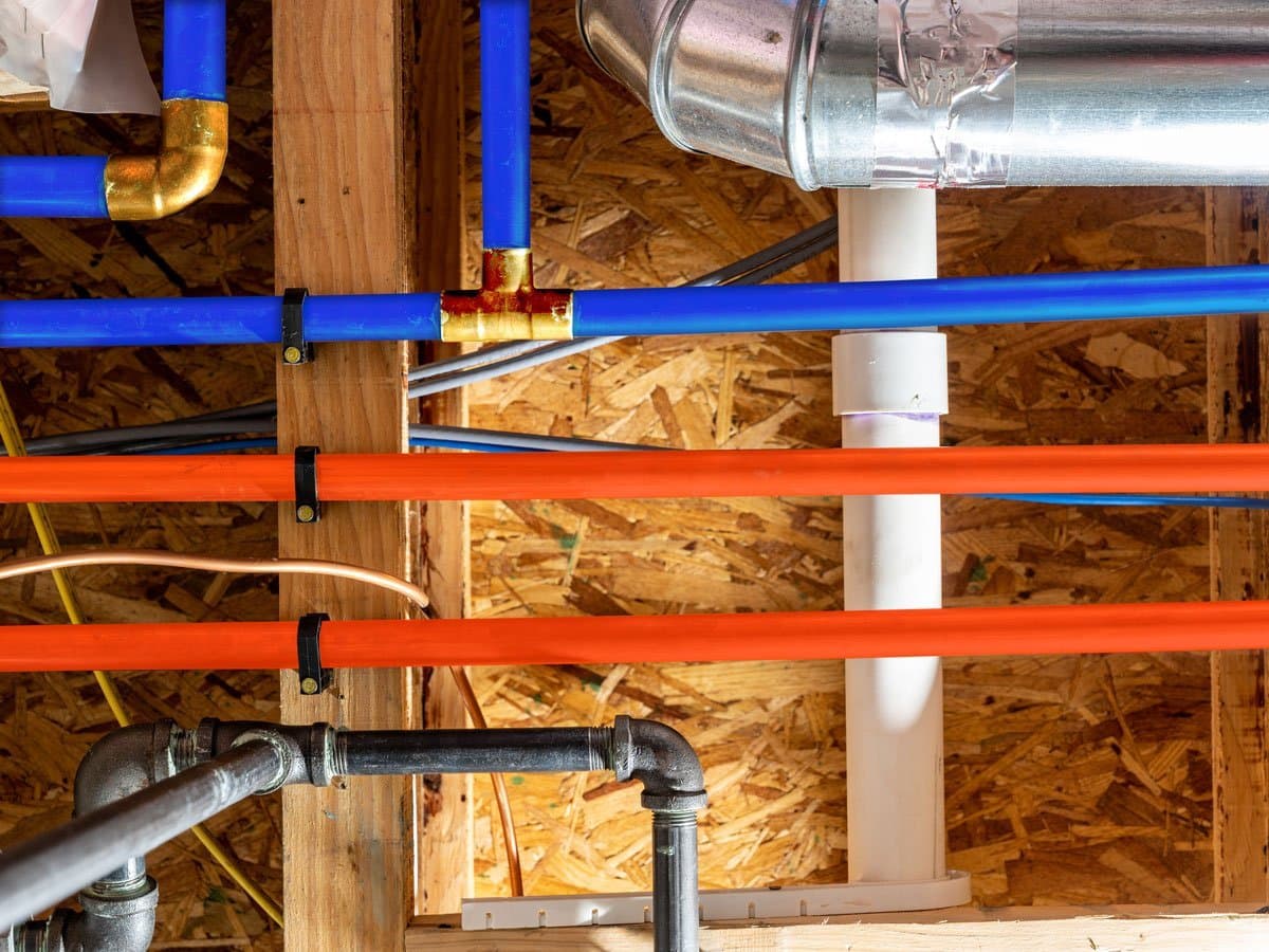 Blue and orange PEX water supply pipes installed in new construction wall framing