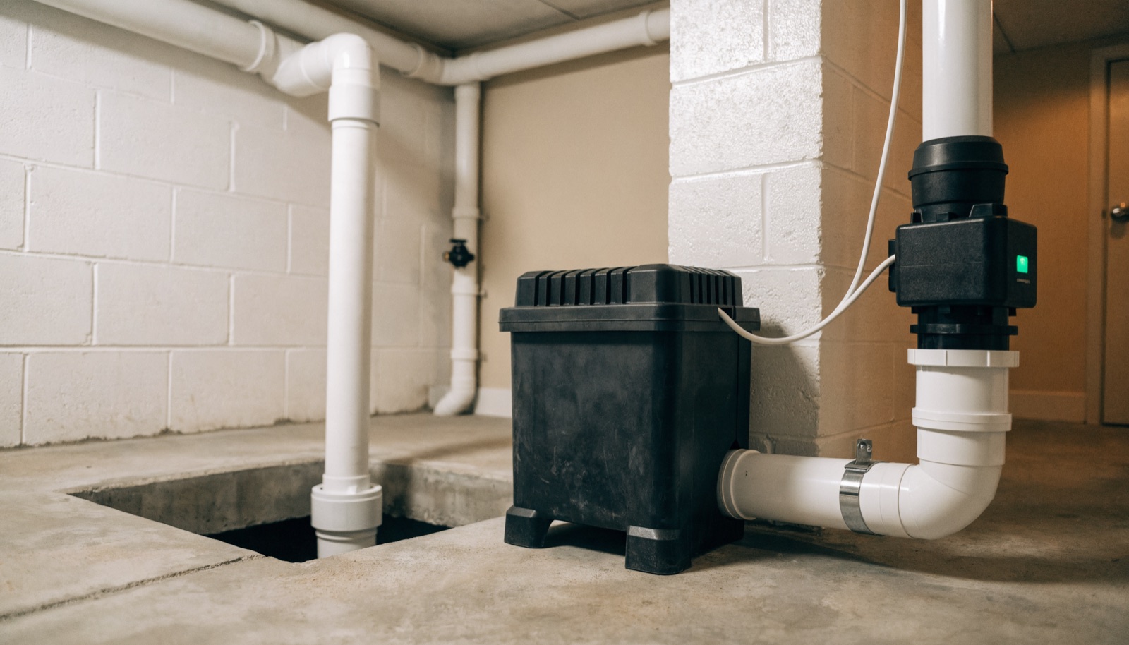 Sump pump with a battery backup unit beside a basement sump pit