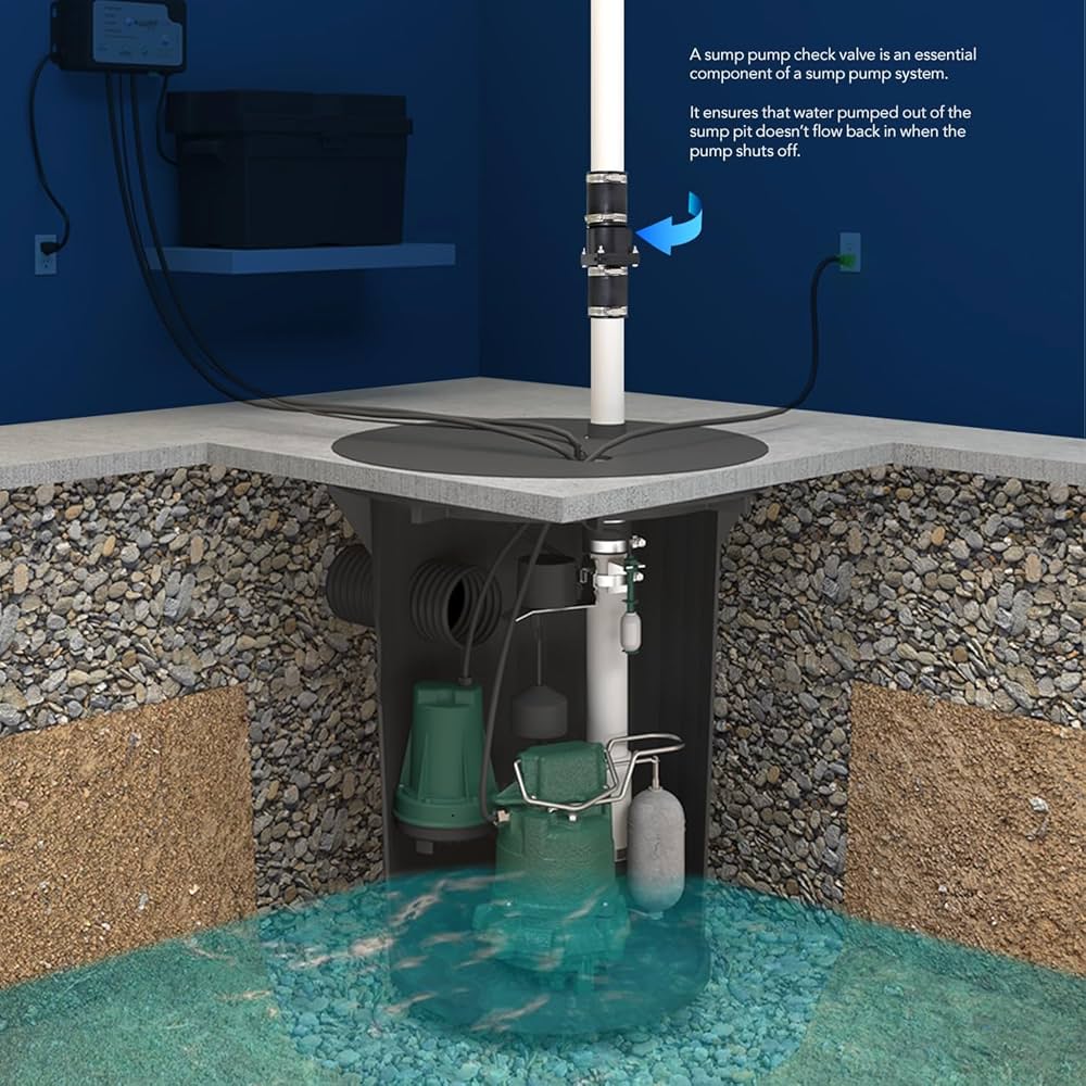 Sump pump diagram showing groundwater being pumped away from foundation