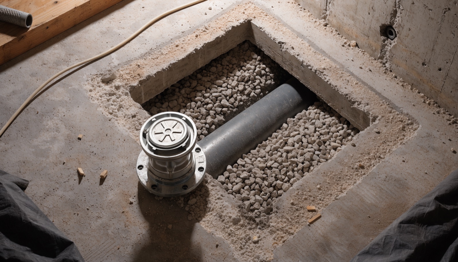 Backwater valve being set into a cut section of basement floor